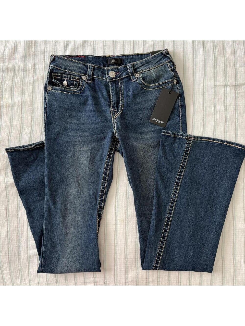 NWT True Religion Joey Big T Flap Flare Jeans 28 Pink Stitch Amber Nights Wash